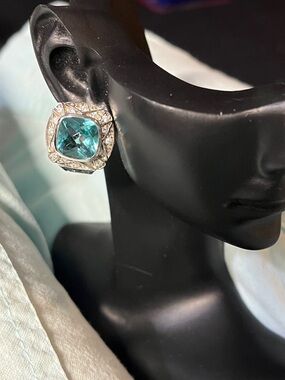 FAS 925 Sterling Pierced Earrings Bezel Set Blue Stone Pave Baguette Omega Clasp